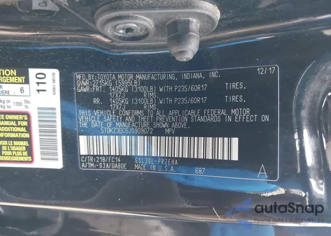 2018 Toyota Sienna Le 8 Passenger из США, поврежденный, VIN 5TDKZ3DC6JS909072